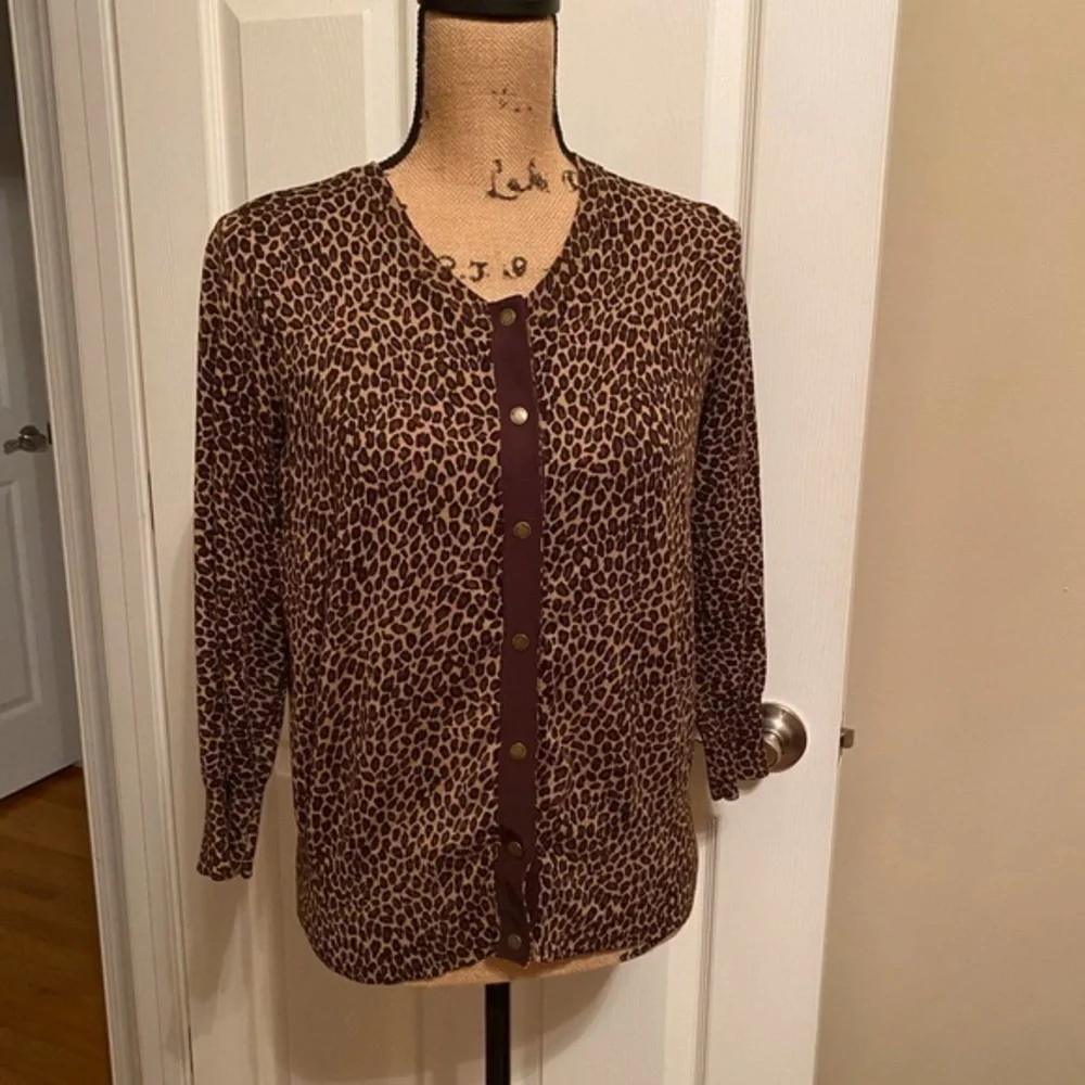 Michael Michael Kors Leopard Print Snap Front Sweater Color: Black/Brown Size: M